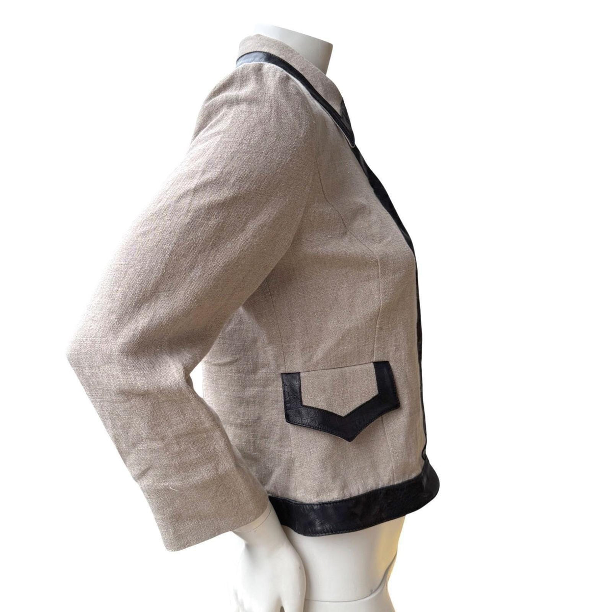 Valentino Roma Vintage 90's Beige 100% Linen Jacket Leather Trim Viscose Lined