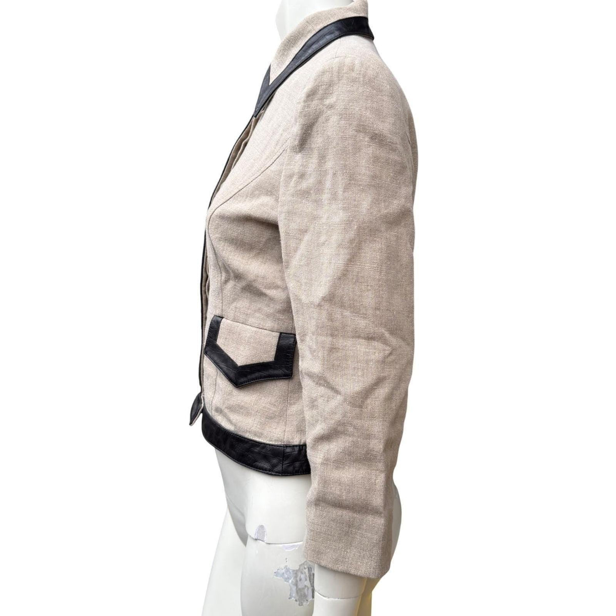 Valentino Roma Vintage 90's Beige 100% Linen Jacket Leather Trim Viscose Lined