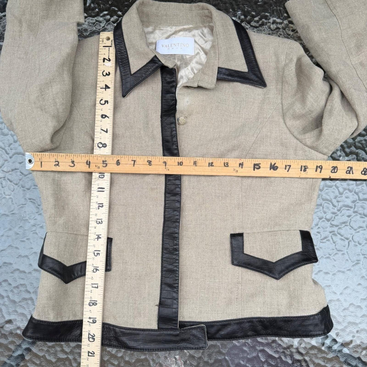Valentino Roma Vintage 90's Beige 100% Linen Jacket Leather Trim Viscose Lined