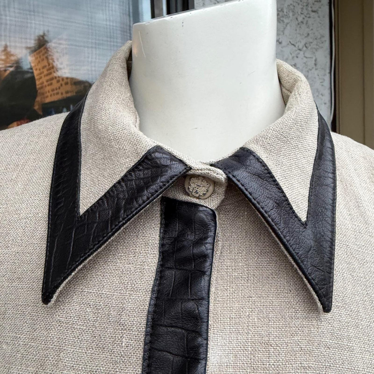 Valentino Roma Vintage 90's Beige 100% Linen Jacket Leather Trim Viscose Lined