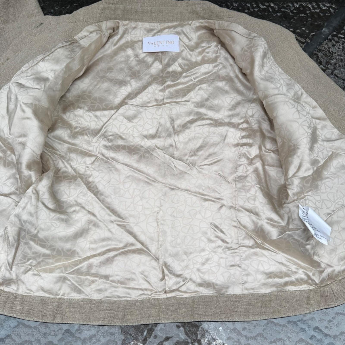 Valentino Roma Vintage 90's Beige 100% Linen Jacket Leather Trim Viscose Lined