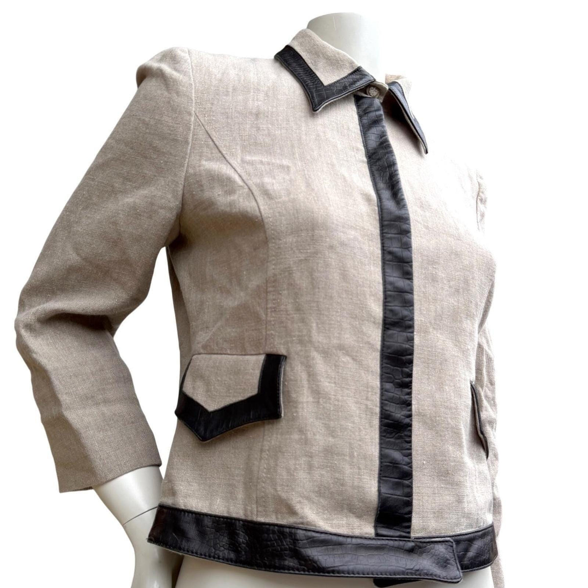 Valentino Roma Vintage 90's Beige 100% Linen Jacket Leather Trim Viscose Lined