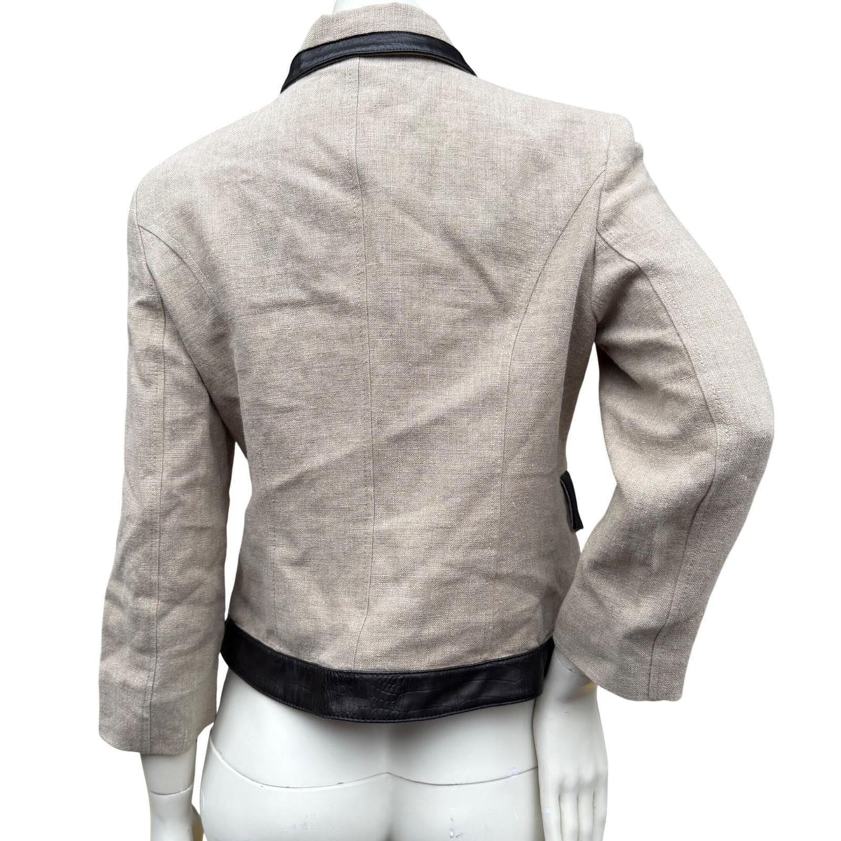Valentino Roma Vintage 90's Beige 100% Linen Jacket Leather Trim Viscose Lined