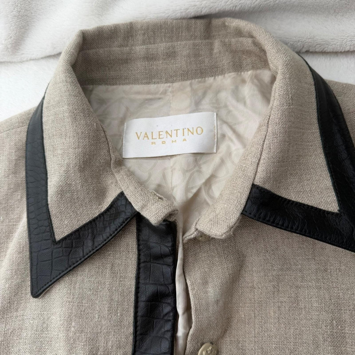 Valentino Roma Vintage 90's Beige 100% Linen Jacket Leather Trim Viscose Lined