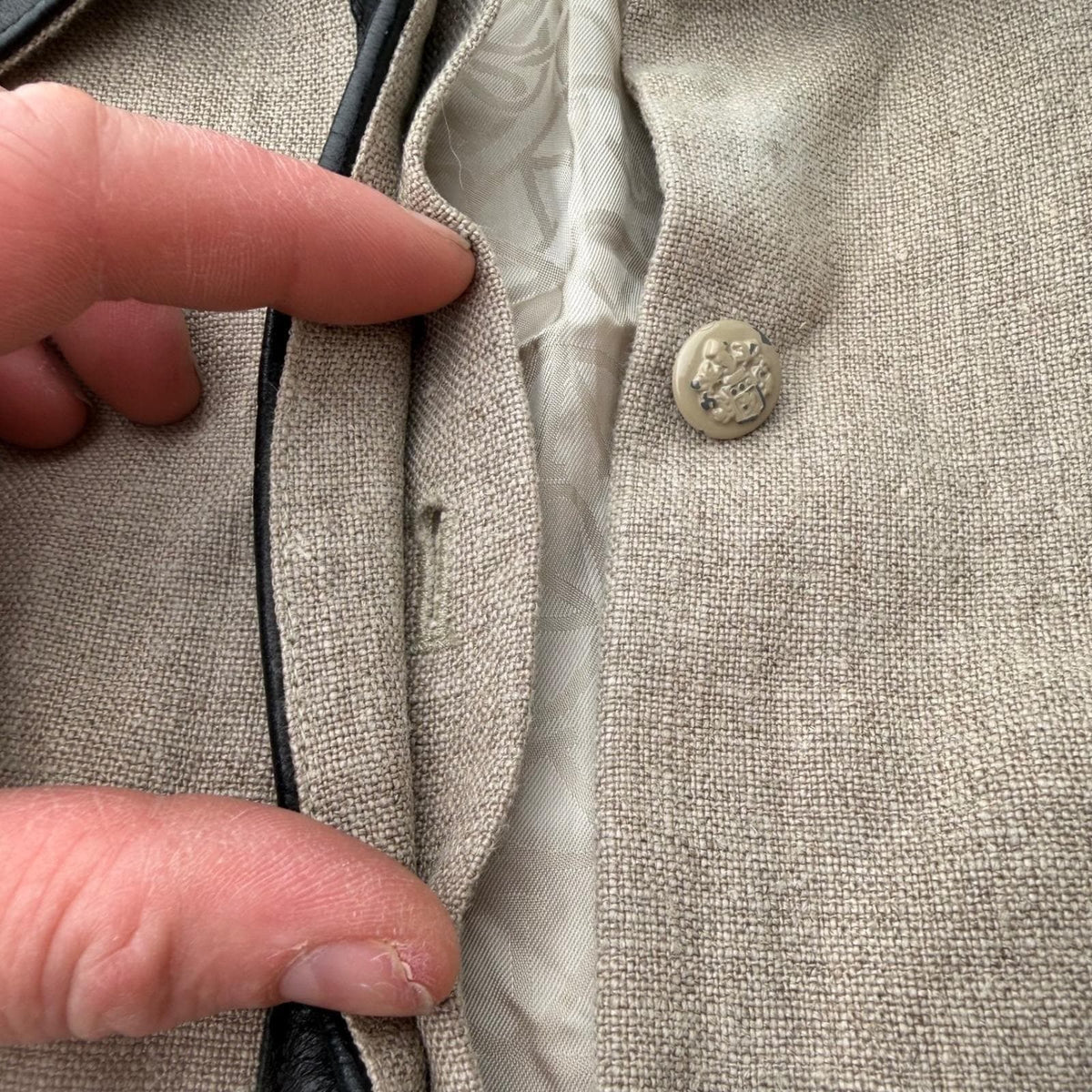 Valentino Roma Vintage 90's Beige 100% Linen Jacket Leather Trim Viscose Lined
