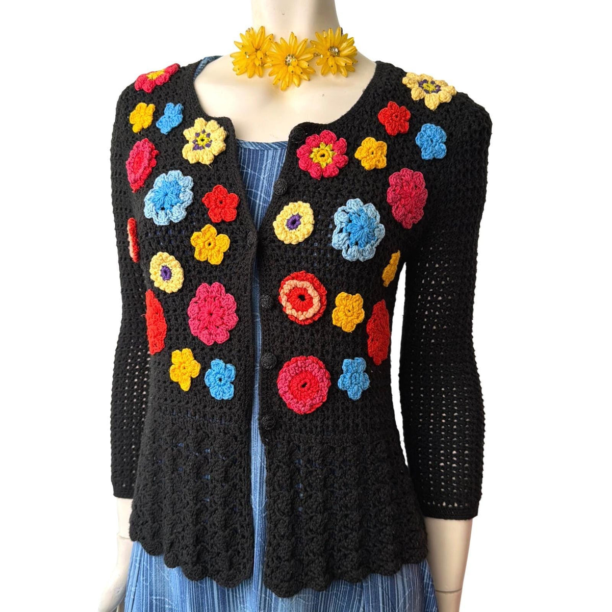 Vintage Handmade Floral Crochet Cardigan | S — view 1