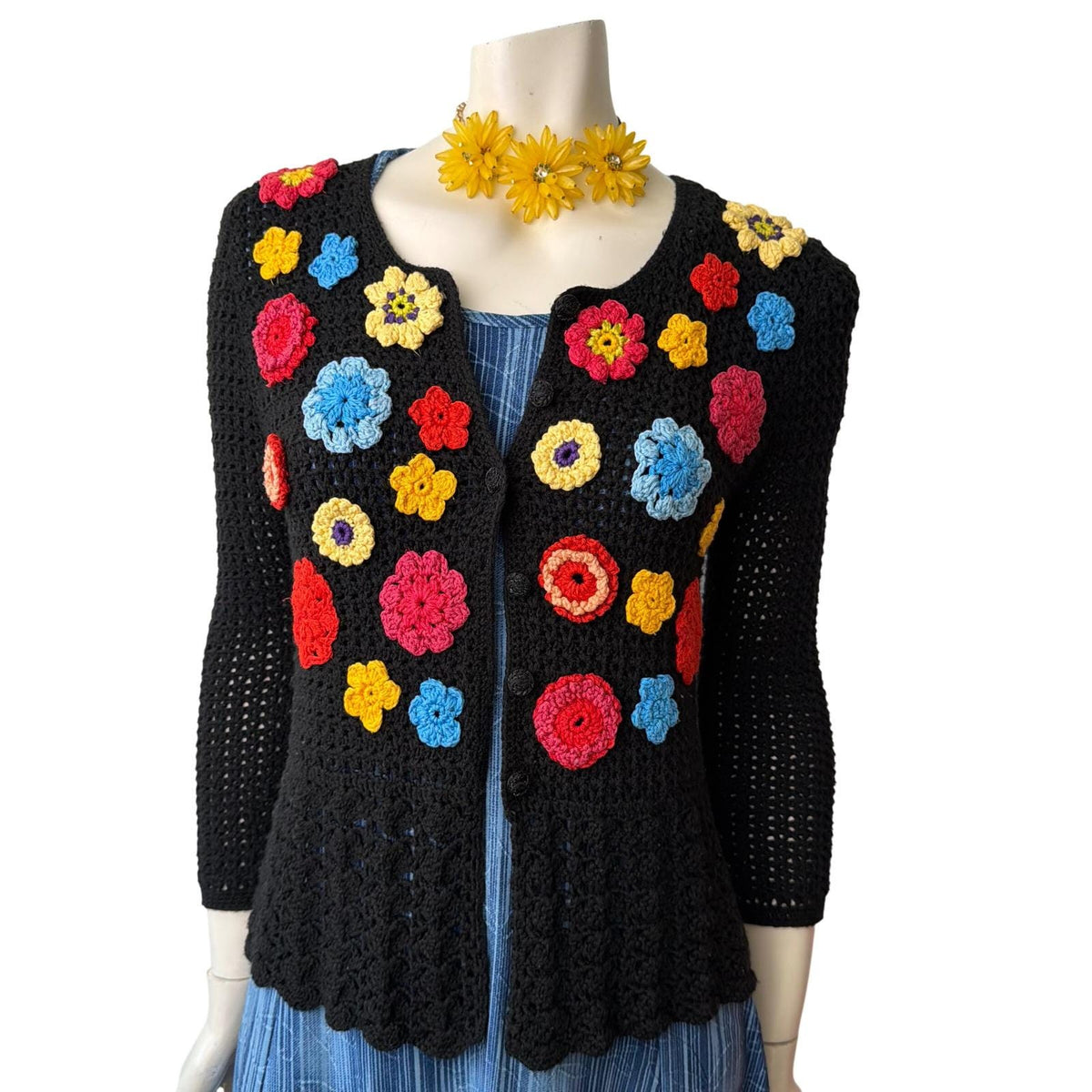 Vintage Handmade Floral Crochet Cardigan | S — view 3