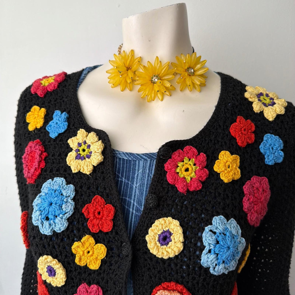 Vintage Handmade Floral Crochet Cardigan | S — view 11