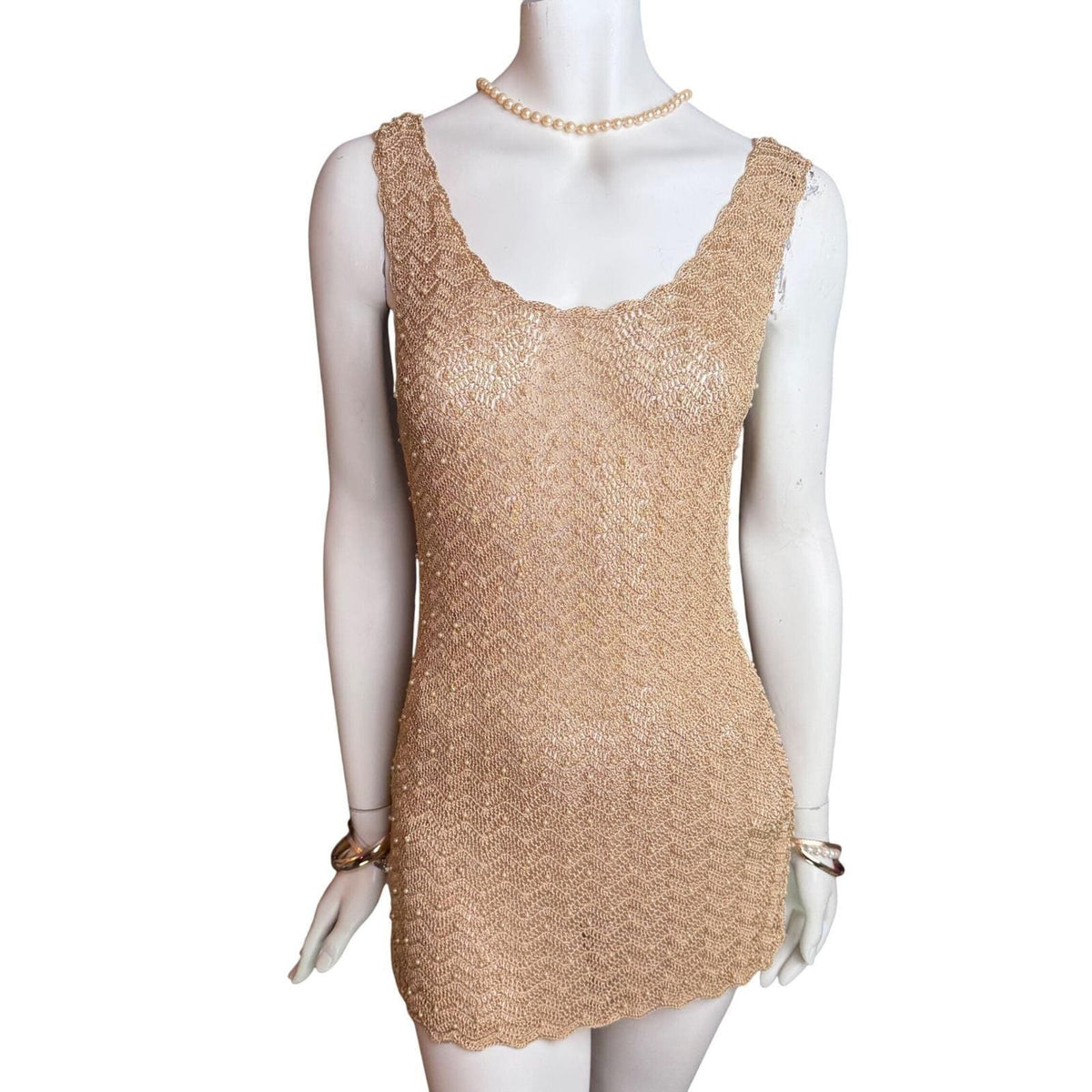 Vintage Kroshetta Gold Pearl-Detail Crochet Tunic | L — view 1