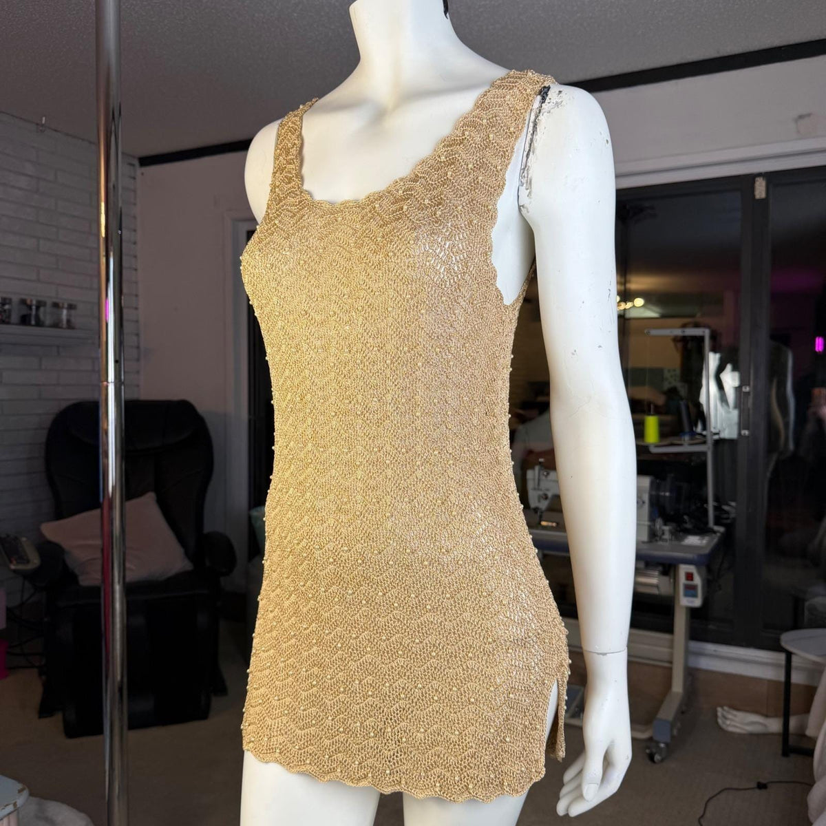 Vintage Kroshetta Gold Pearl-Detail Crochet Tunic | L — view 4