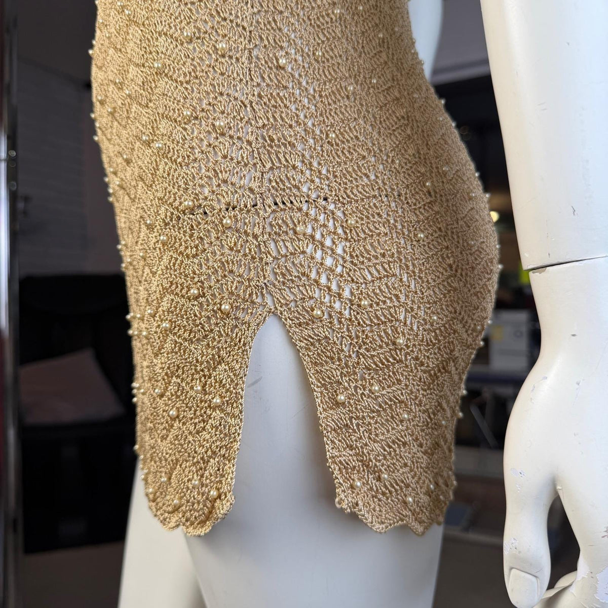 Vintage Kroshetta Gold Pearl-Detail Crochet Tunic | L — view 12