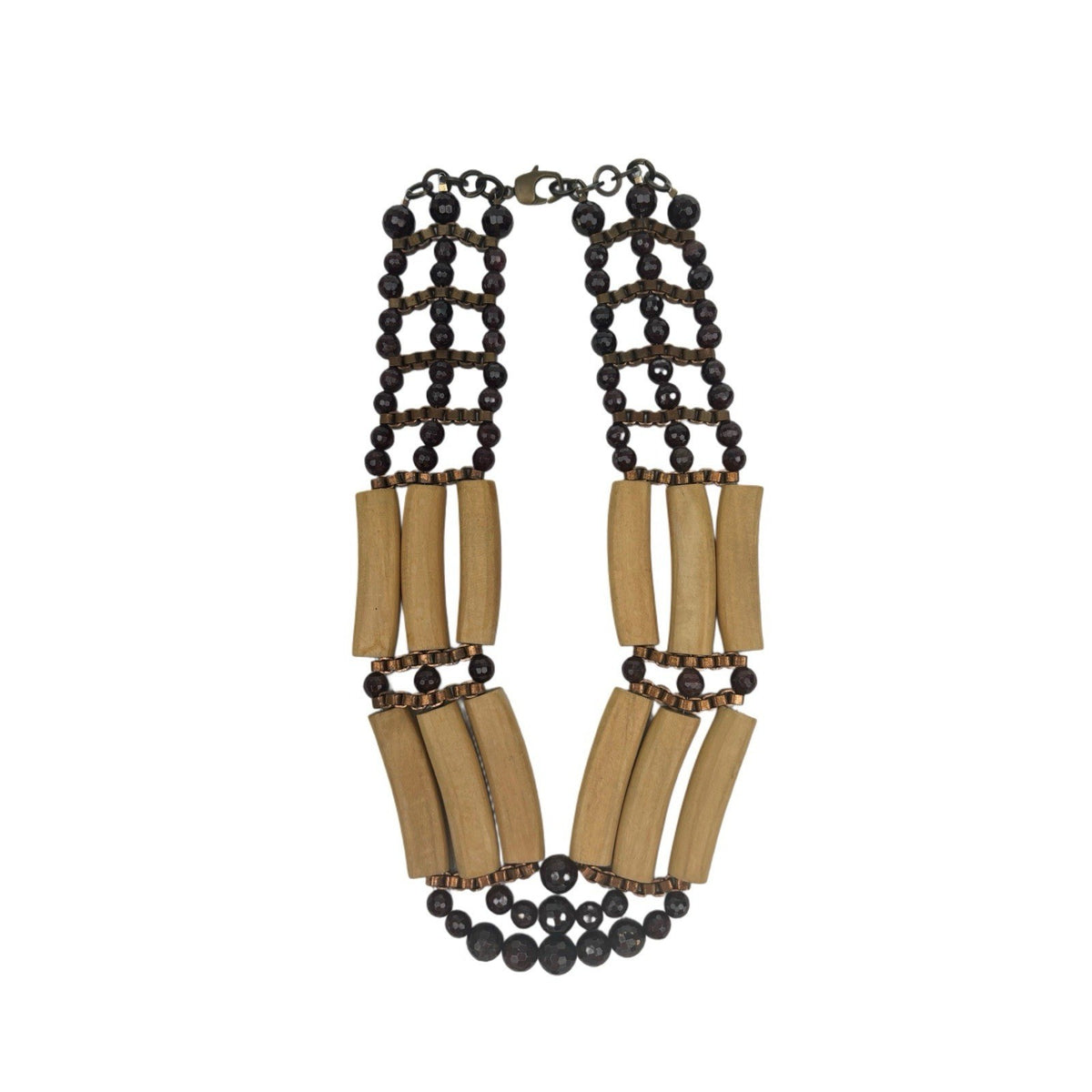 Vintage Chunky Wood Bead Statement Necklace — front view