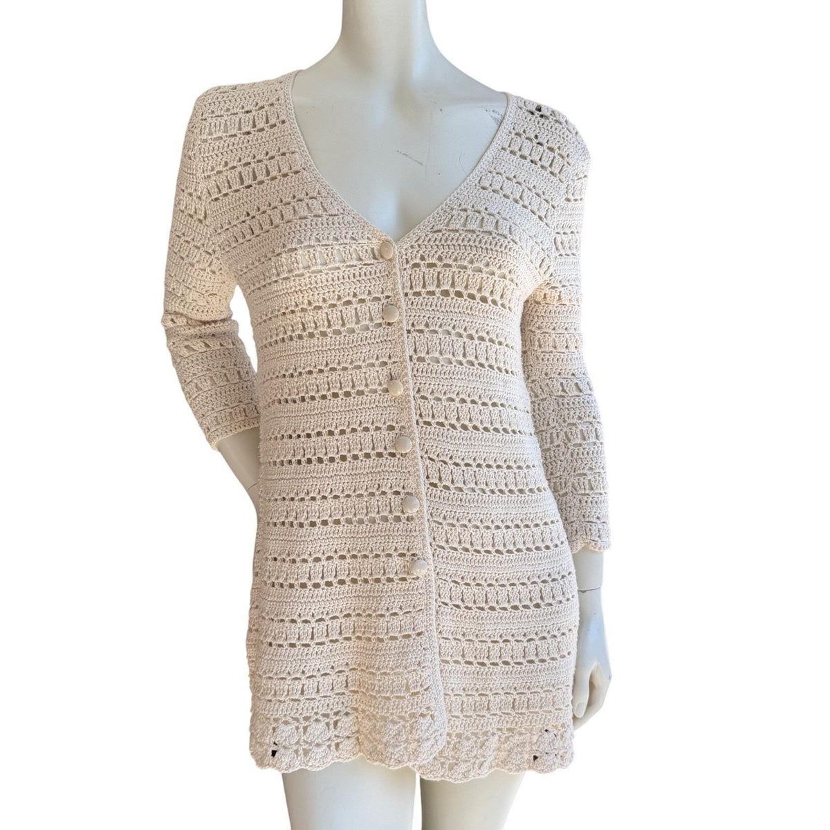 Vintage Ivory Crochet Long Cardigan | S — front view