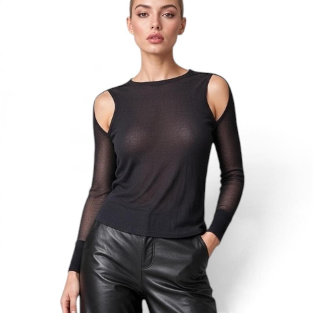 Izzue Collection Black Sheer Cutout Top | S — front view