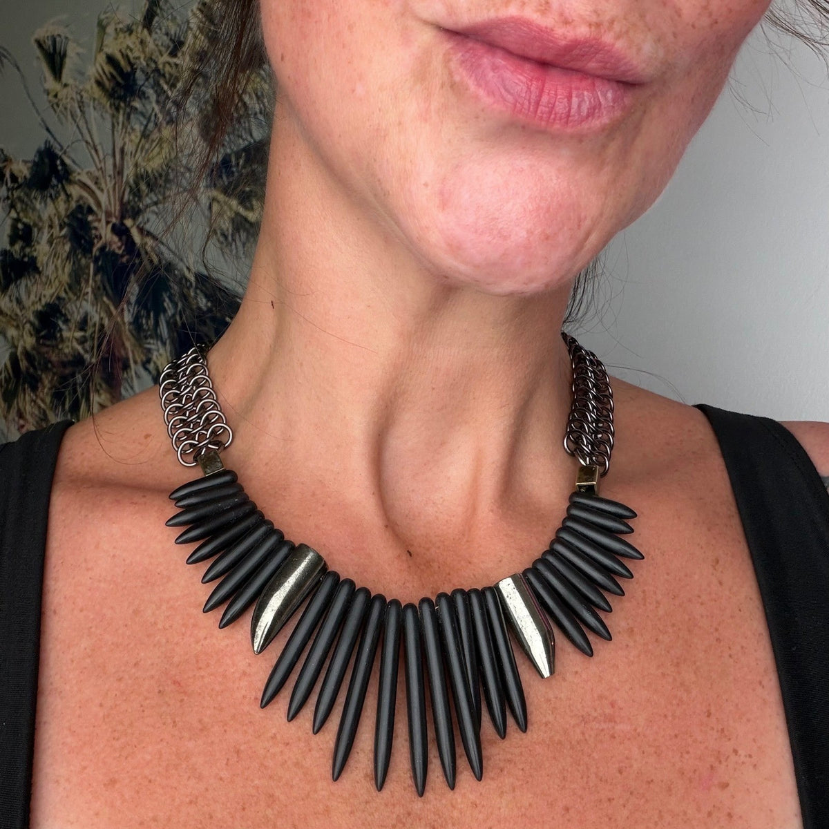 Biko Black Spike Collar Necklace — front view