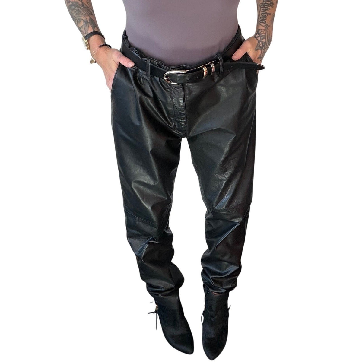 Vintage Black Leather High Rise Trousers | 36in Waist — front view