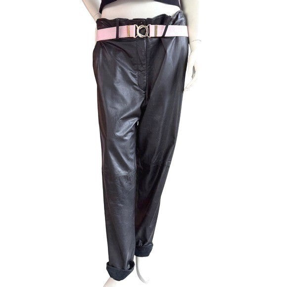 Vintage Black Leather High Rise Trousers | 36in Waist — detail photo 10