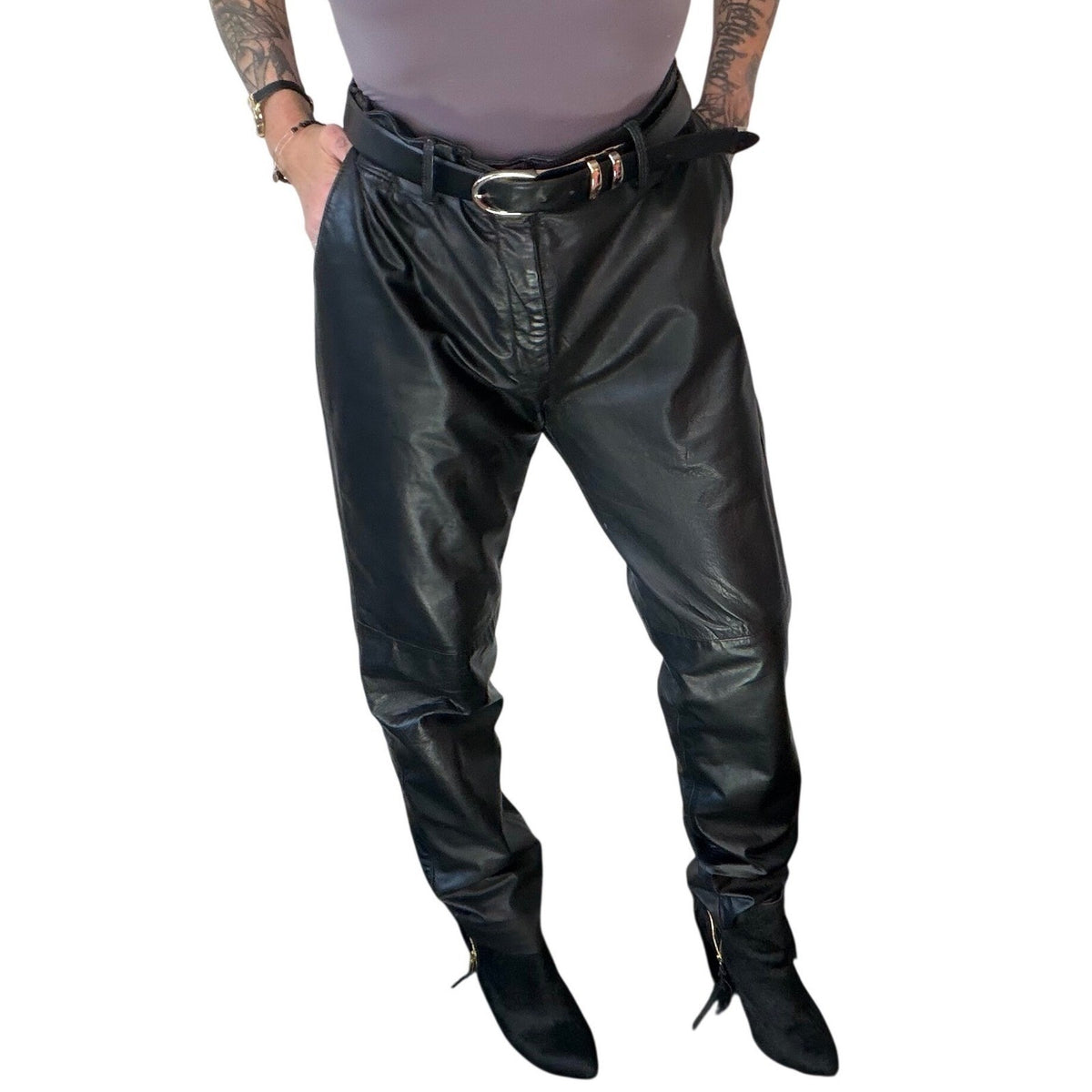Vintage Black Leather High Rise Trousers | 36in Waist — detail photo 12