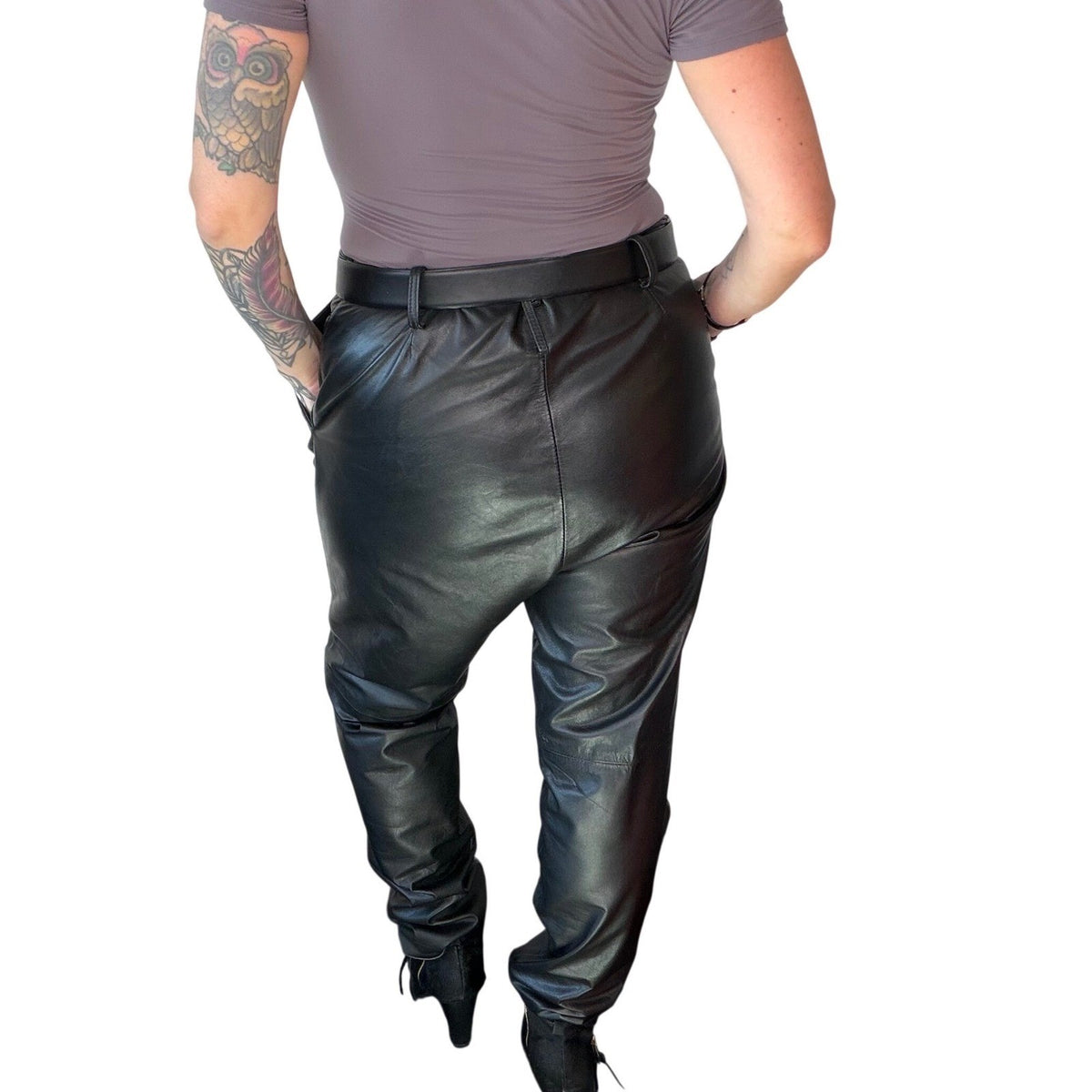 Vintage Black Leather High Rise Trousers | 36in Waist — detail photo 13