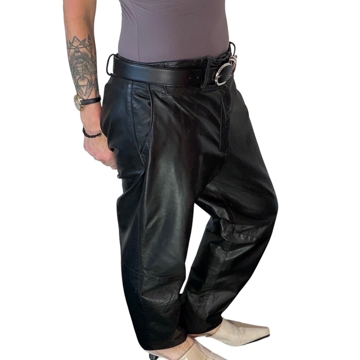 Vintage Black Leather High Rise Trousers | 36in Waist — detail photo 14
