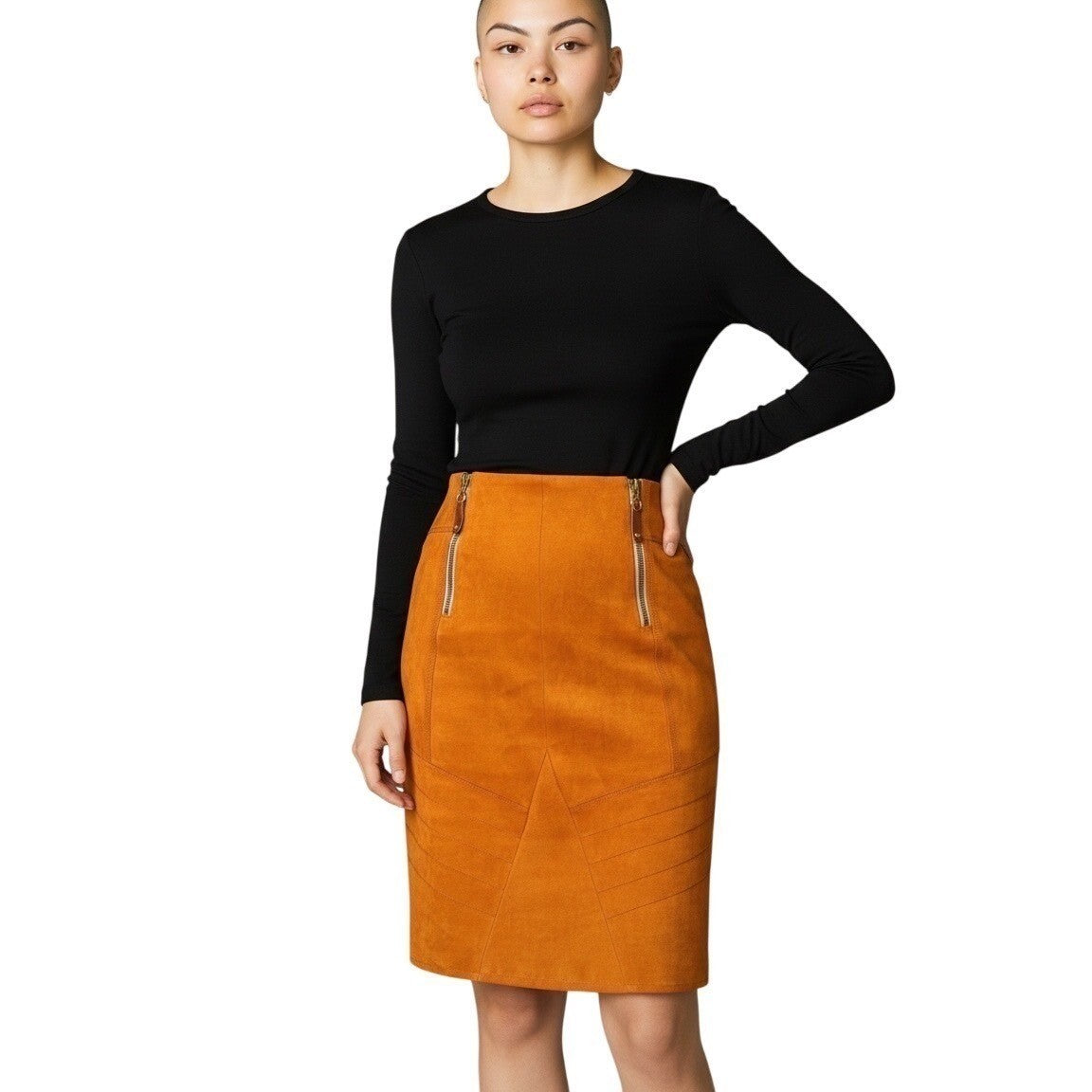Sportalm Raelyn Ochre Faux Suede Zip Detail Skirt | 6 — front view