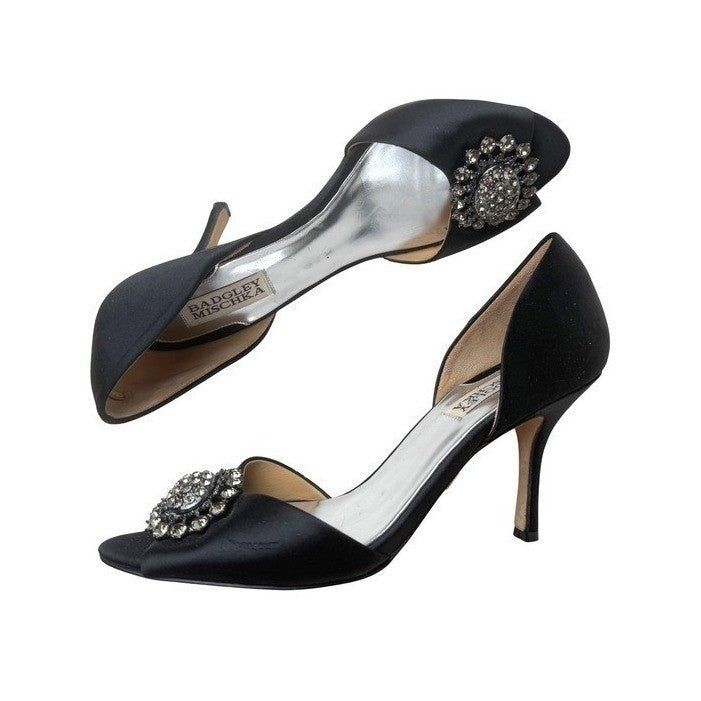 Badgley Mischka Black Satin Crystal D'Orsay Heels | 8M — front view
