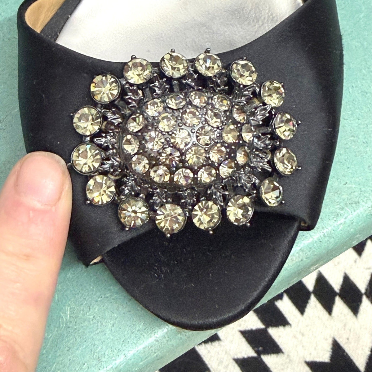 Badgley Mischka Black Satin Crystal D'Orsay Heels | 8M — detail photo 12