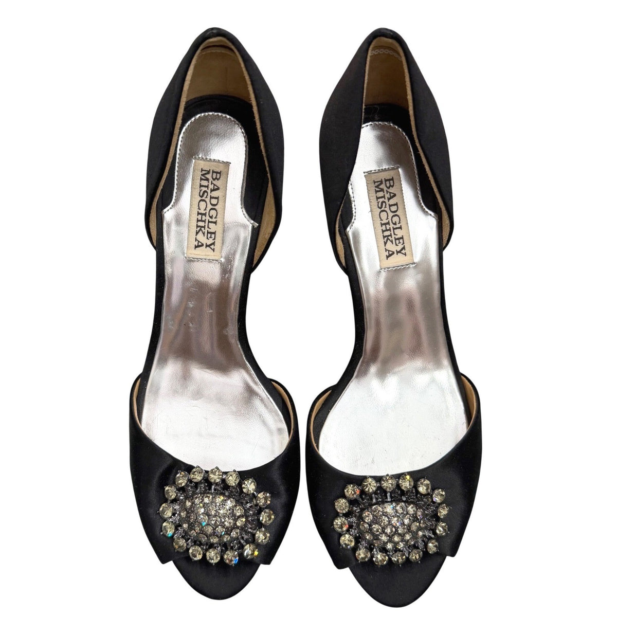Badgley Mischka Black Satin Crystal D'Orsay Heels | 8M — detail photo 3