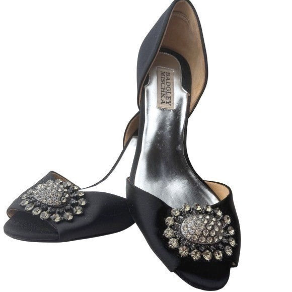 Badgley Mischka Black Satin Crystal D'Orsay Heels | 8M — detail photo 4
