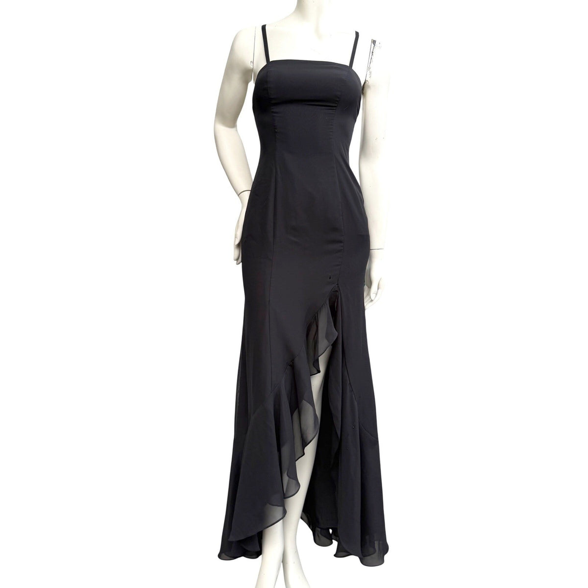 Black Ruffle High Slit Evening Gown | S — front view
