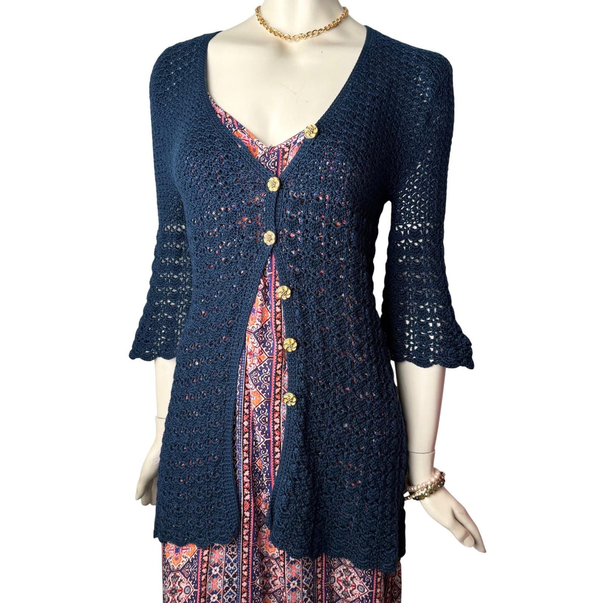 Vintage Navy Crochet Bell Sleeve Long Cardigan | M — front view