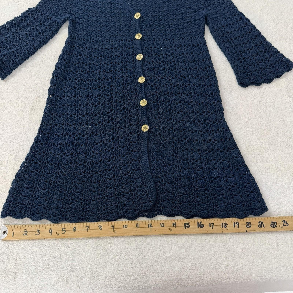 Vintage Navy Crochet Bell Sleeve Long Cardigan | M — detail photo 10
