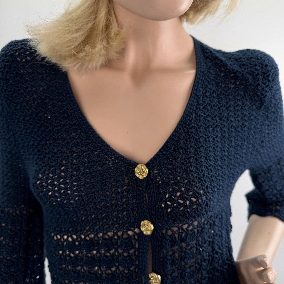 Vintage Navy Crochet Bell Sleeve Long Cardigan | M — detail photo 11