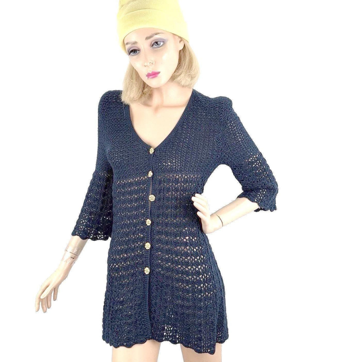 Vintage Navy Crochet Bell Sleeve Long Cardigan | M — detail photo 12
