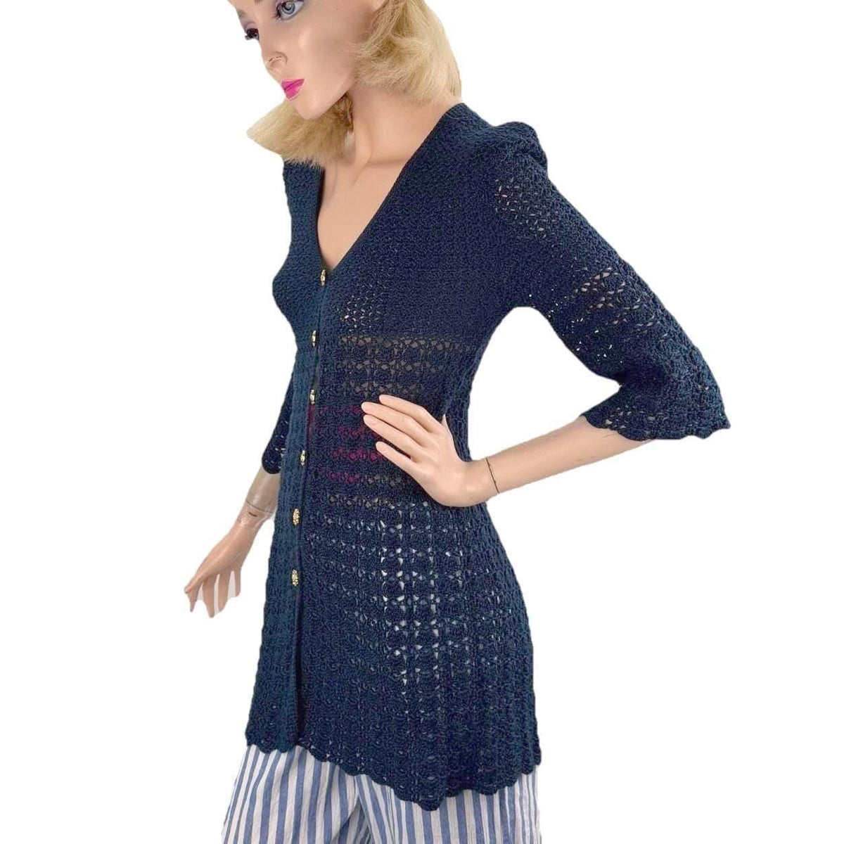 Vintage Navy Crochet Bell Sleeve Long Cardigan | M — detail photo 13
