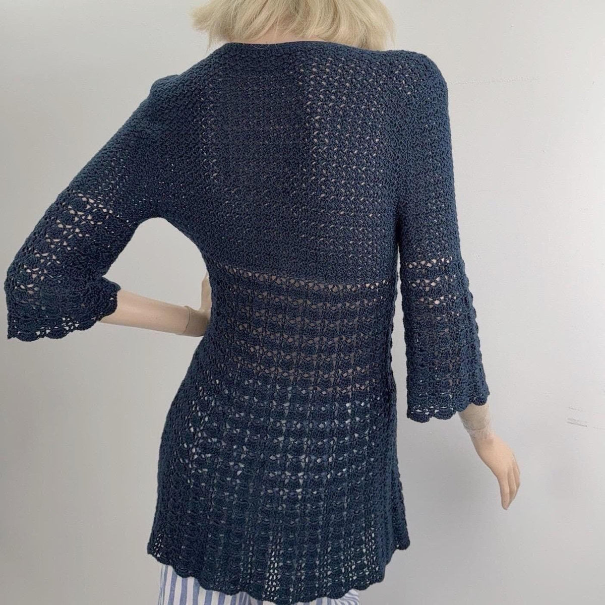Vintage Navy Crochet Bell Sleeve Long Cardigan | M — detail photo 15