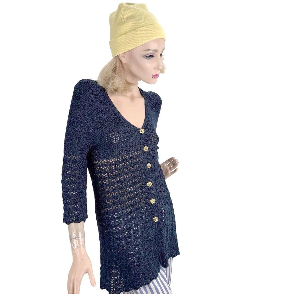 Vintage Navy Crochet Bell Sleeve Long Cardigan | M — detail photo 16
