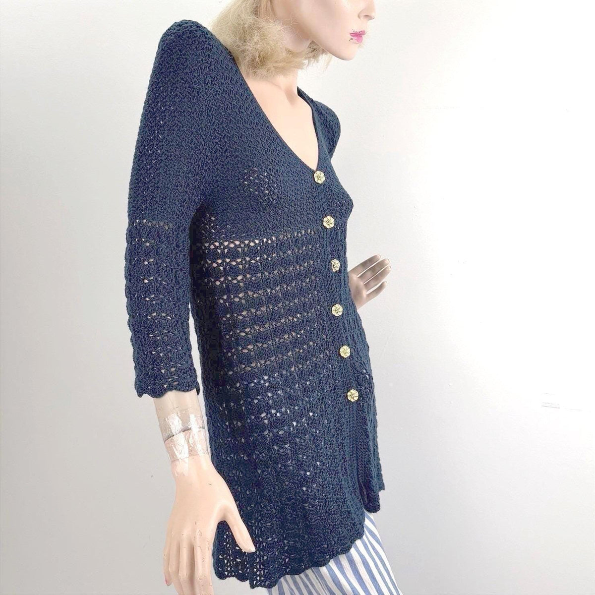 Vintage Navy Crochet Bell Sleeve Long Cardigan | M — detail photo 17