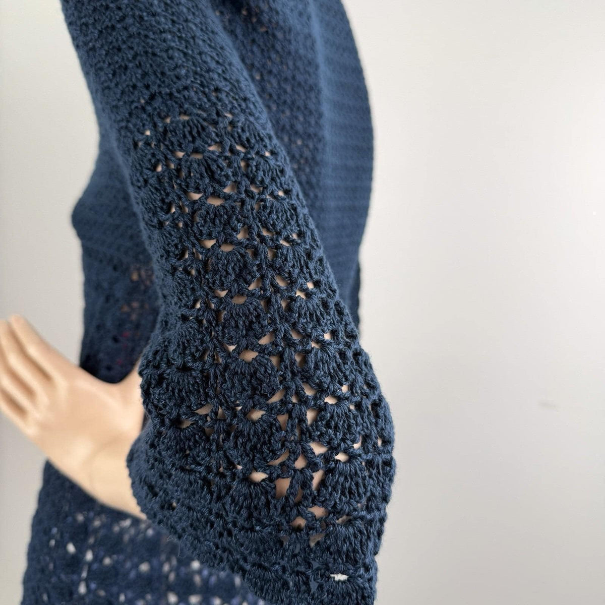 Vintage Navy Crochet Bell Sleeve Long Cardigan | M — detail photo 18