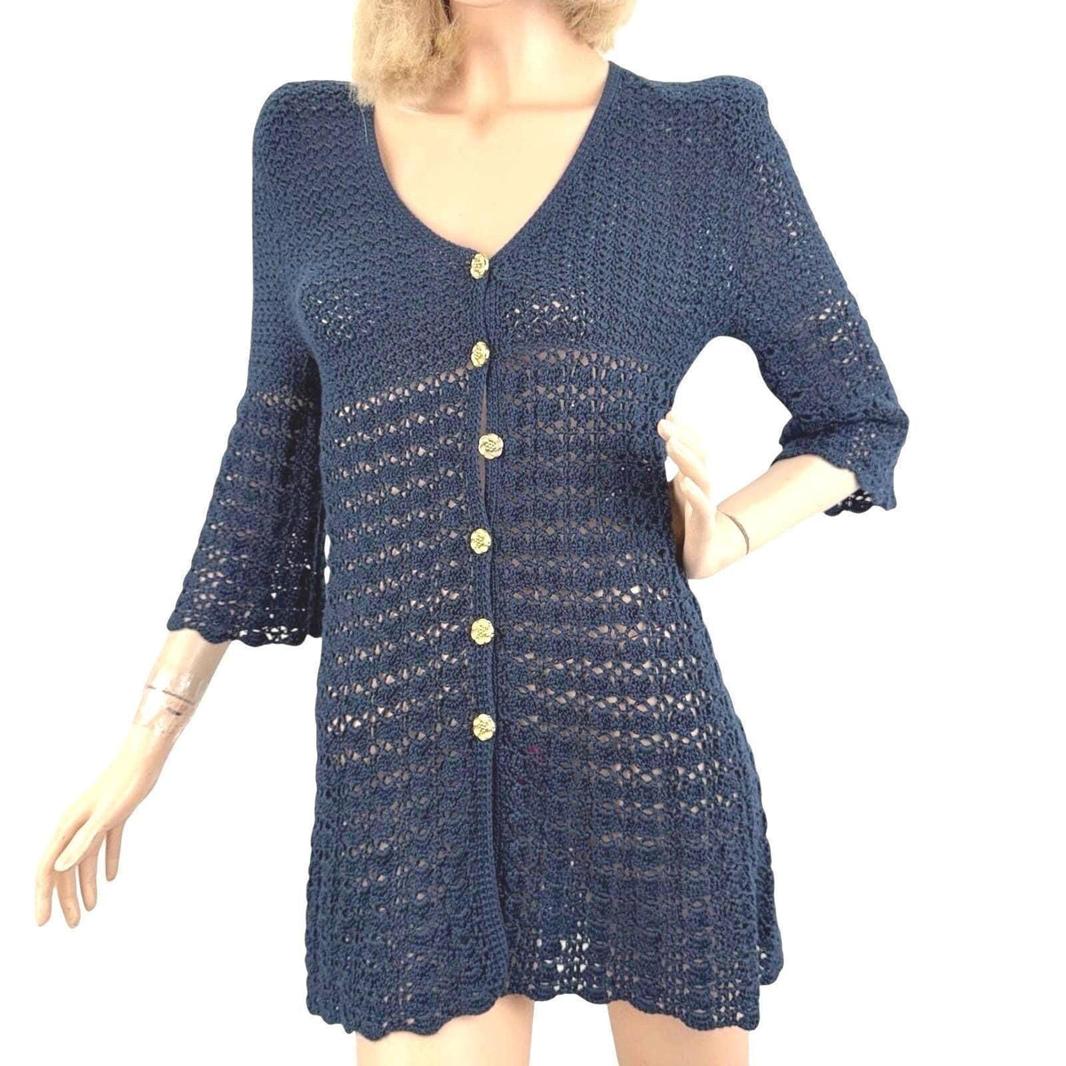 Vintage Navy Crochet Bell Sleeve Long Cardigan | M — detail photo 2