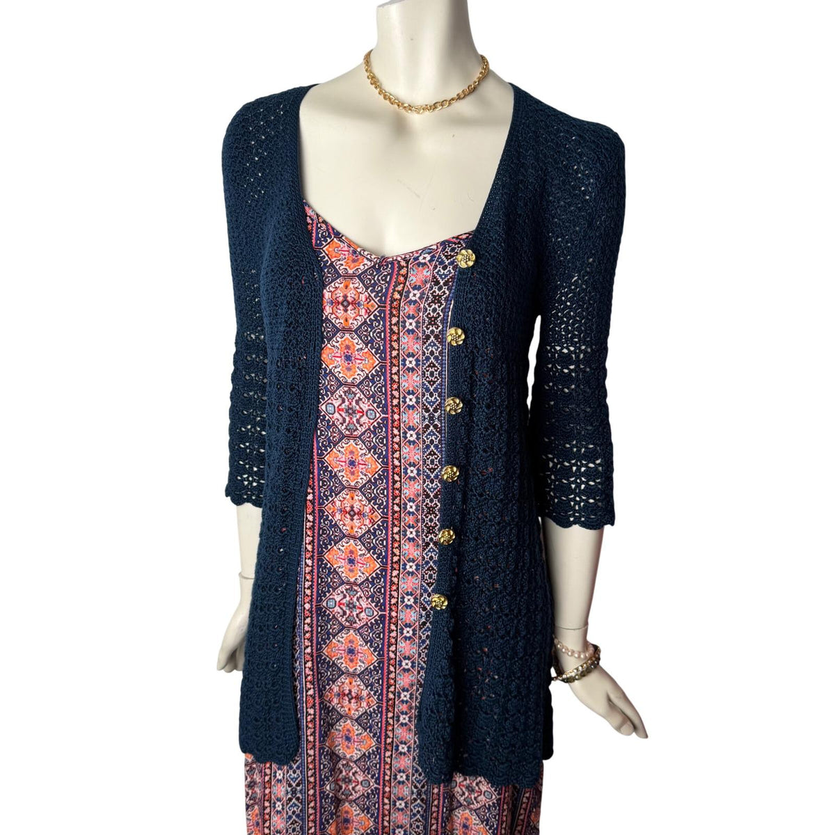Vintage Navy Crochet Bell Sleeve Long Cardigan | M — detail photo 3