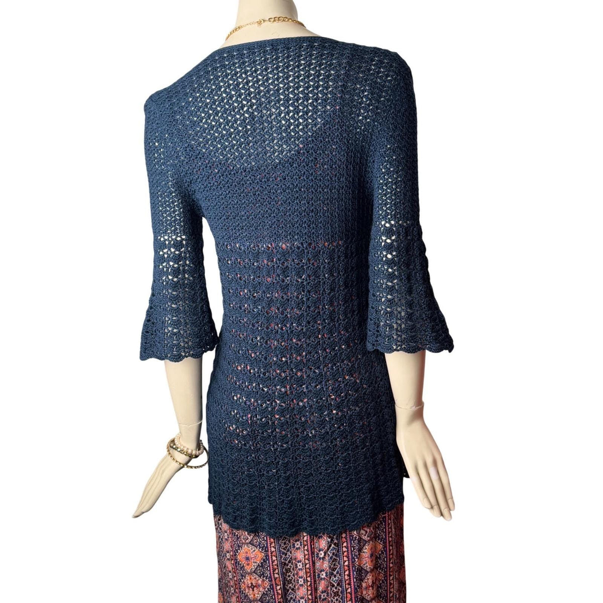 Vintage Navy Crochet Bell Sleeve Long Cardigan | M — detail photo 5
