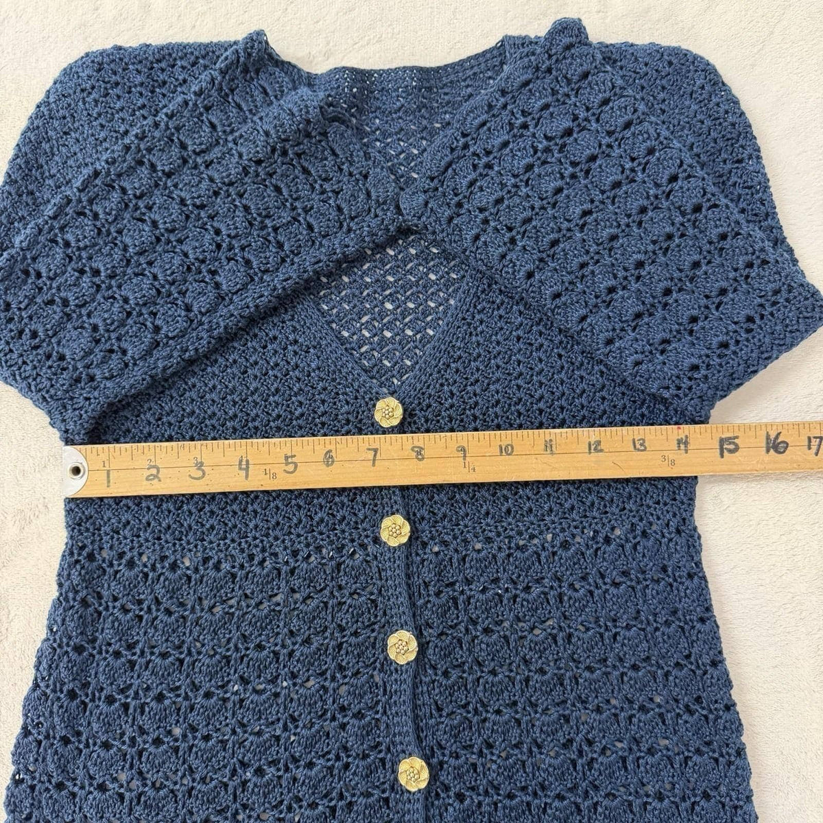 Vintage Navy Crochet Bell Sleeve Long Cardigan | M — detail photo 7
