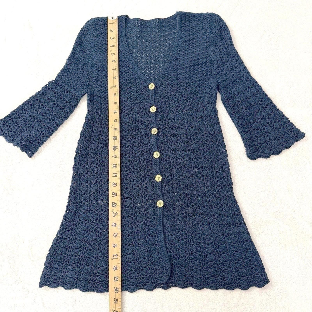 Vintage Navy Crochet Bell Sleeve Long Cardigan | M — detail photo 8
