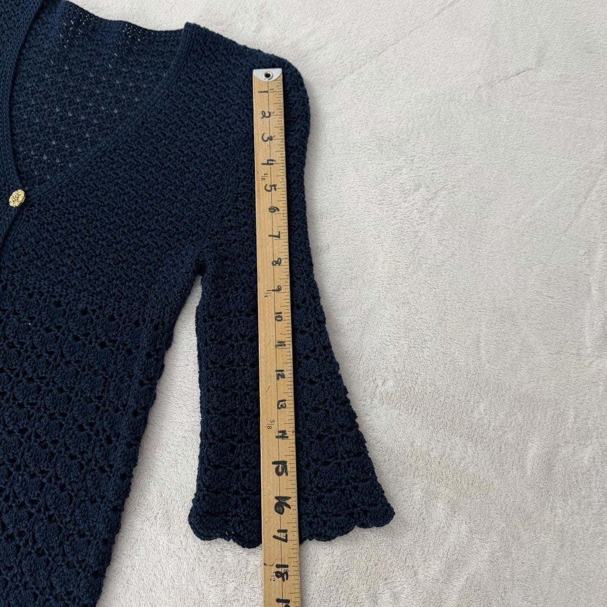 Vintage Navy Crochet Bell Sleeve Long Cardigan | M — detail photo 9