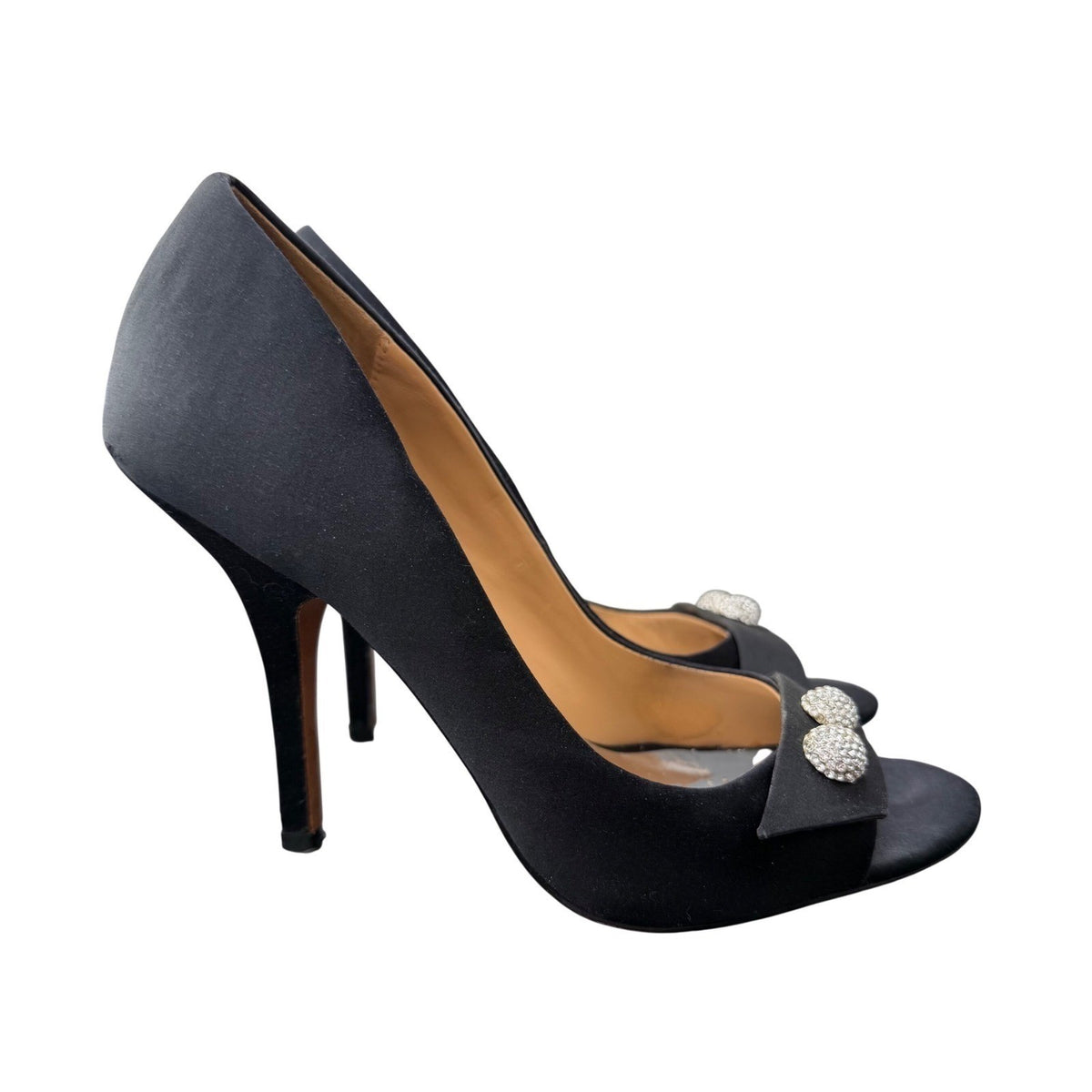 Badgley Mischka Black Satin Pearl Bow Peep Toe Heels | 7M — front view