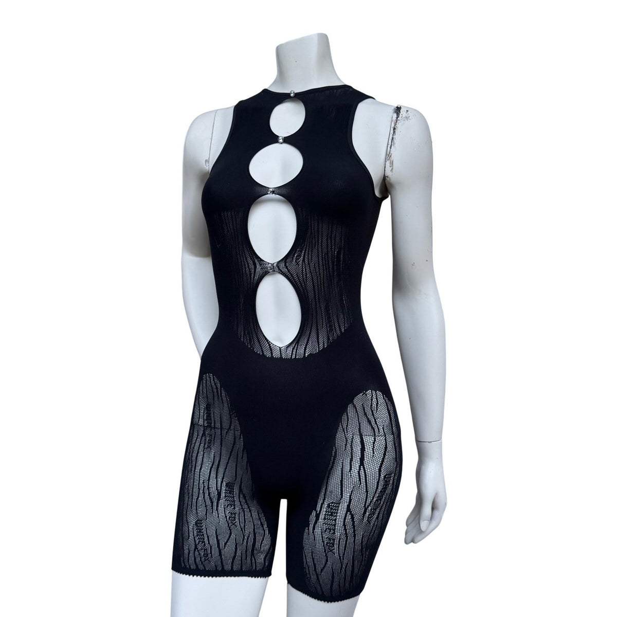White Fox Black Rhinestone Cutout Romper | One Size — front view