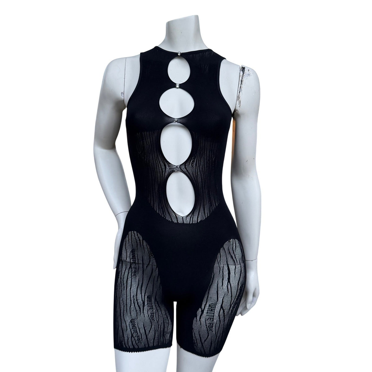 White Fox Black Rhinestone Cutout Romper | One Size — detail photo 5