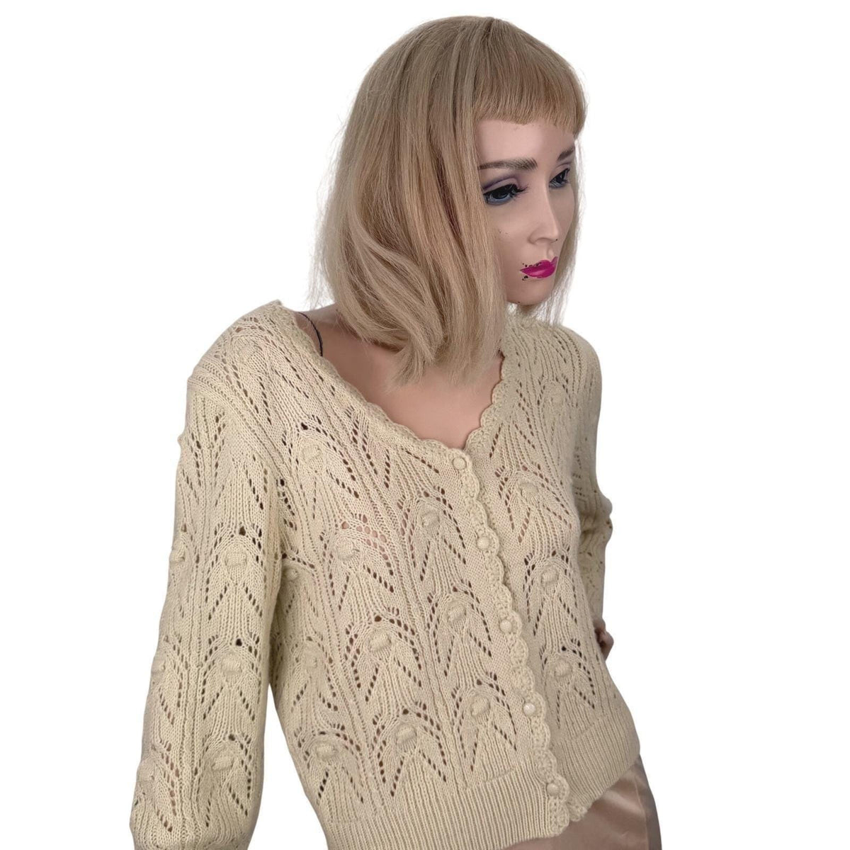Vintage Cream Hand Knit Leaf Motif Cardigan | M — detail photo 10