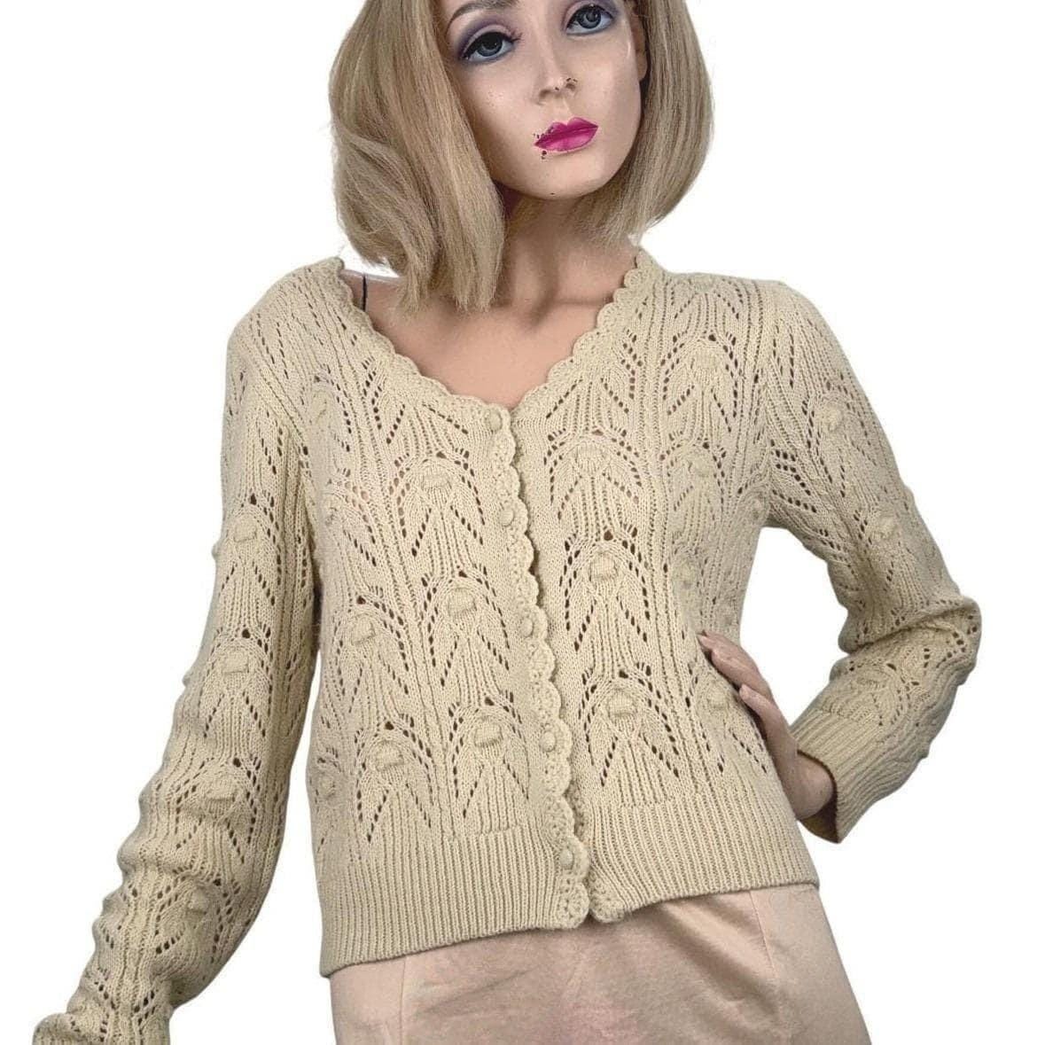 Vintage Cream Hand Knit Leaf Motif Cardigan | M — detail photo 5